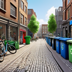 ** "A bustling city street scene showcasing circular economy initiatives: repair shops, recycling bins, and shared bike stations."

**