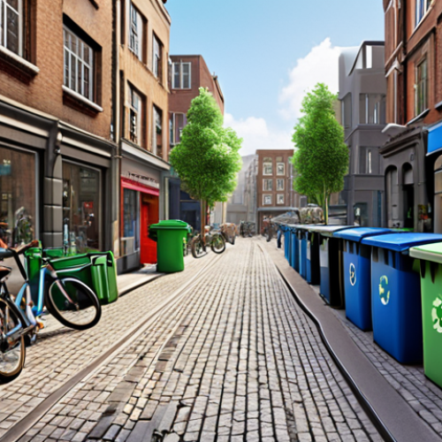 ** "A bustling city street scene showcasing circular economy initiatives: repair shops, recycling bins, and shared bike stations."

**