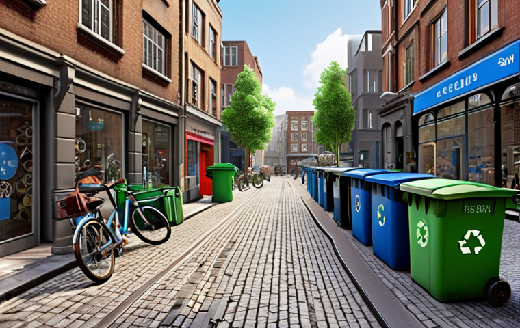 ** "A bustling city street scene showcasing circular economy initiatives: repair shops, recycling bins, and shared bike stations."
**
